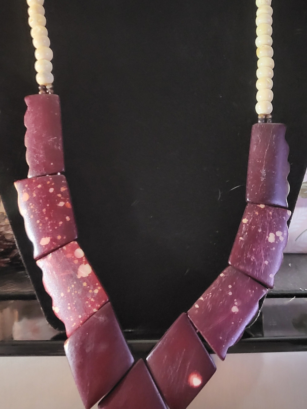 22" Hand-carved natural bone beads, dyed plum/burgundy geometric wood tiles